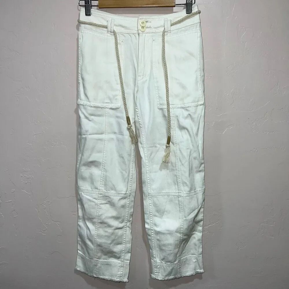 ANTHROPOLOGIE White Canvas Denim High Rise Belted Straight Crop Jeans 25